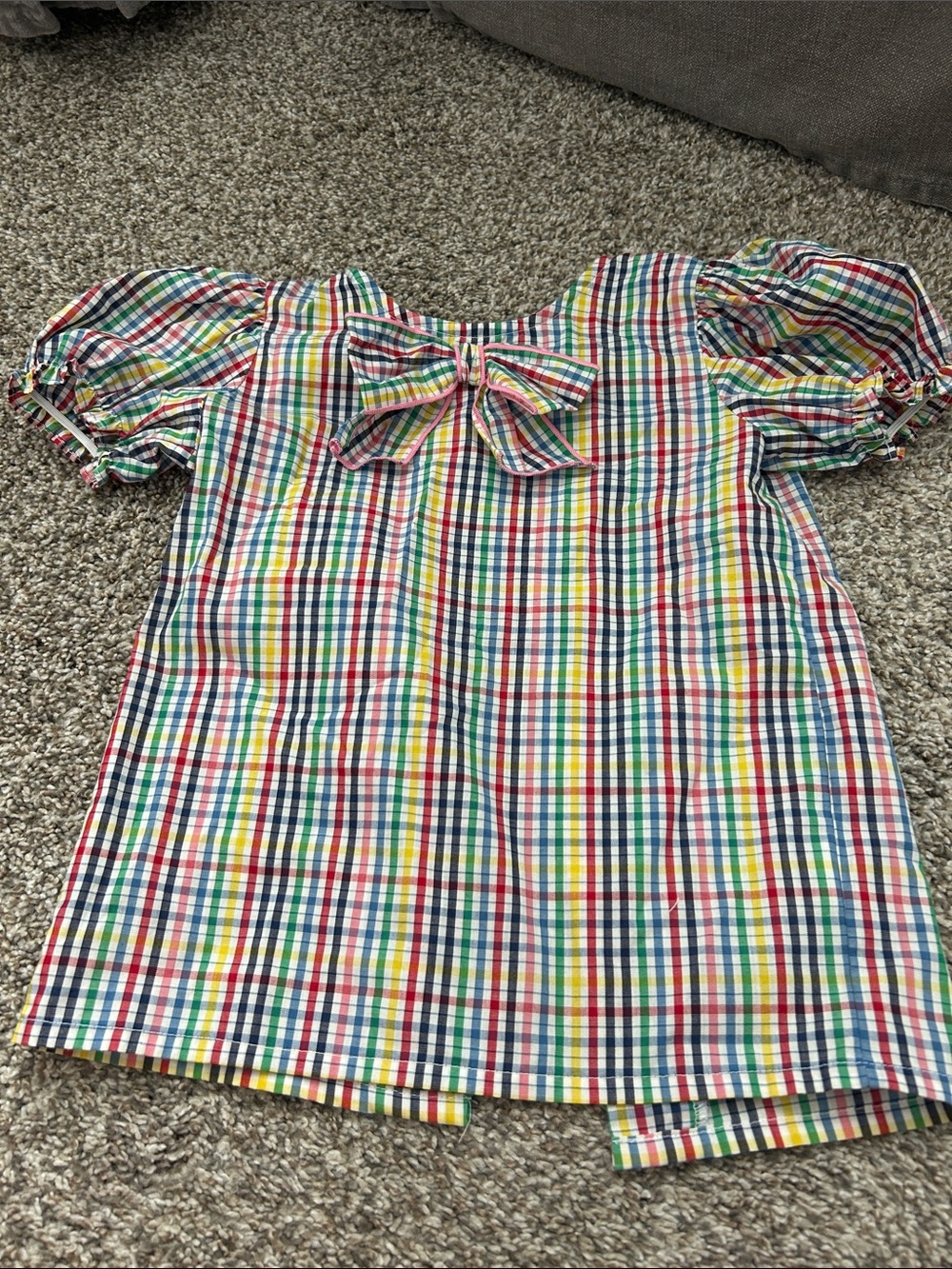 The Beaufort Bonnet Company Rainbow Gingham Bow Neck Short Sleeve Top